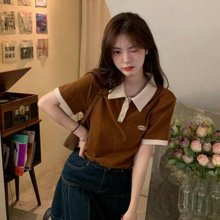 COZOK Áo polo Ngắn Tay Ôm Dáng Xinh Xắn Theo Phong Cách retro