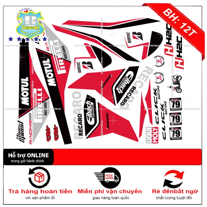 ( Quí khách vui lòng mang ra tiệm cho thợ dán ) Tem Click 125i RECARO trắng