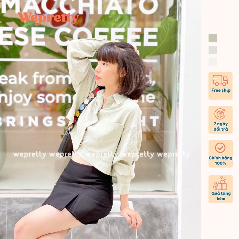Áo sơmi croptop dài tay chất đũi nhăn mềm mát thích hợp mùa hè phù hợp phong cách đơn giản, hiện đại AH07 Wepretty Cloth
