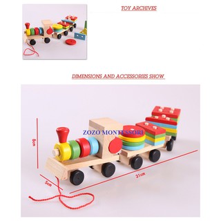 Tàu hỏa thả hình lắp ráp hình học, xe lửa 3 toa thả xếp hình học, montessori thả hình - ZOZO MONTESSORI