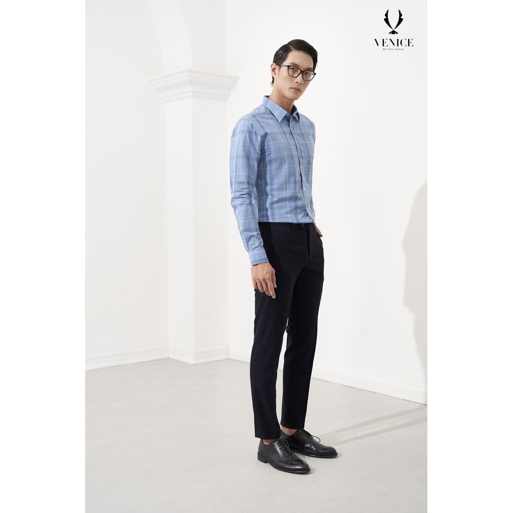 Sơ Mi Nam Dài Tay Công Sở VENISCE - Màu Xanh Nước Biển Kẻ Caro 4S19603-1, Form Slim Fit, Vải Cotton