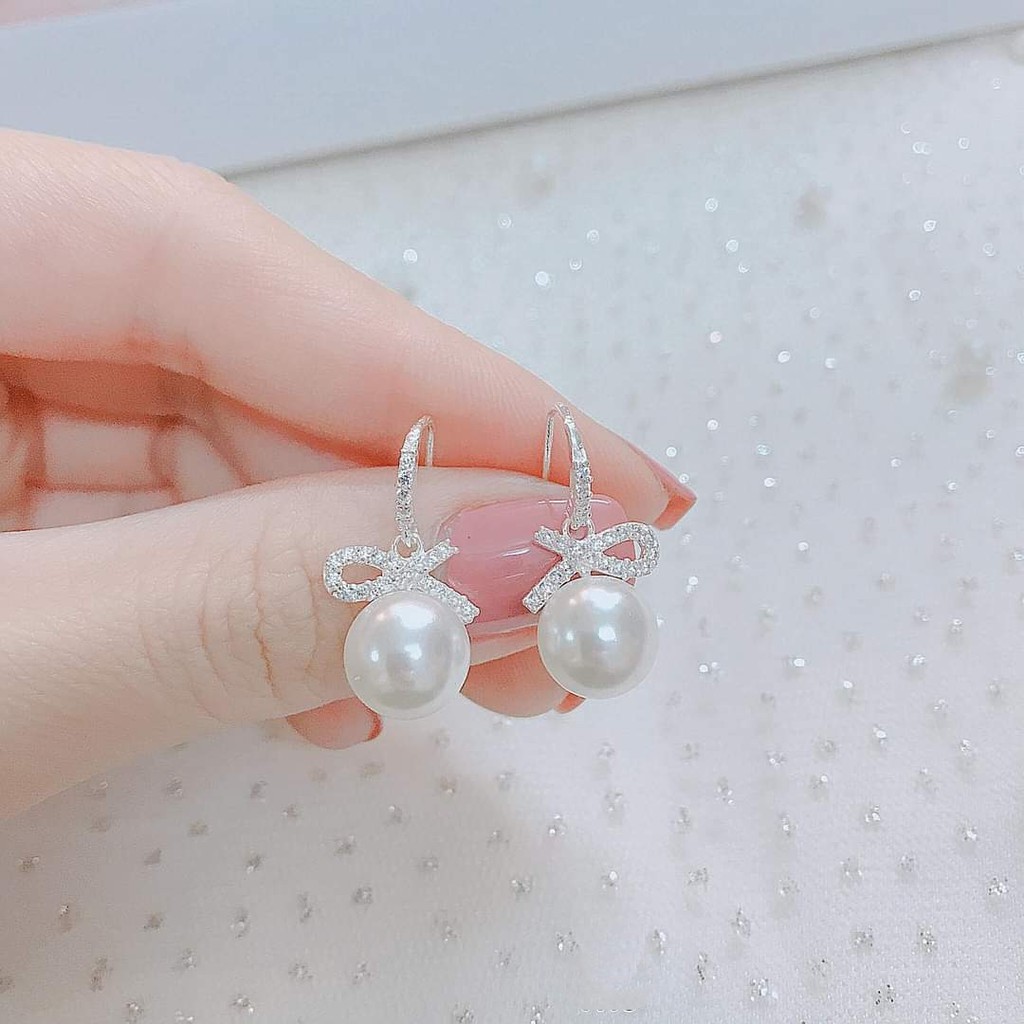 Bông tai bạc Bông nơ gắn đá trắng nhỏ Van Jewelry V10439 treo Ngọc trai nhân tạo xinh xắn