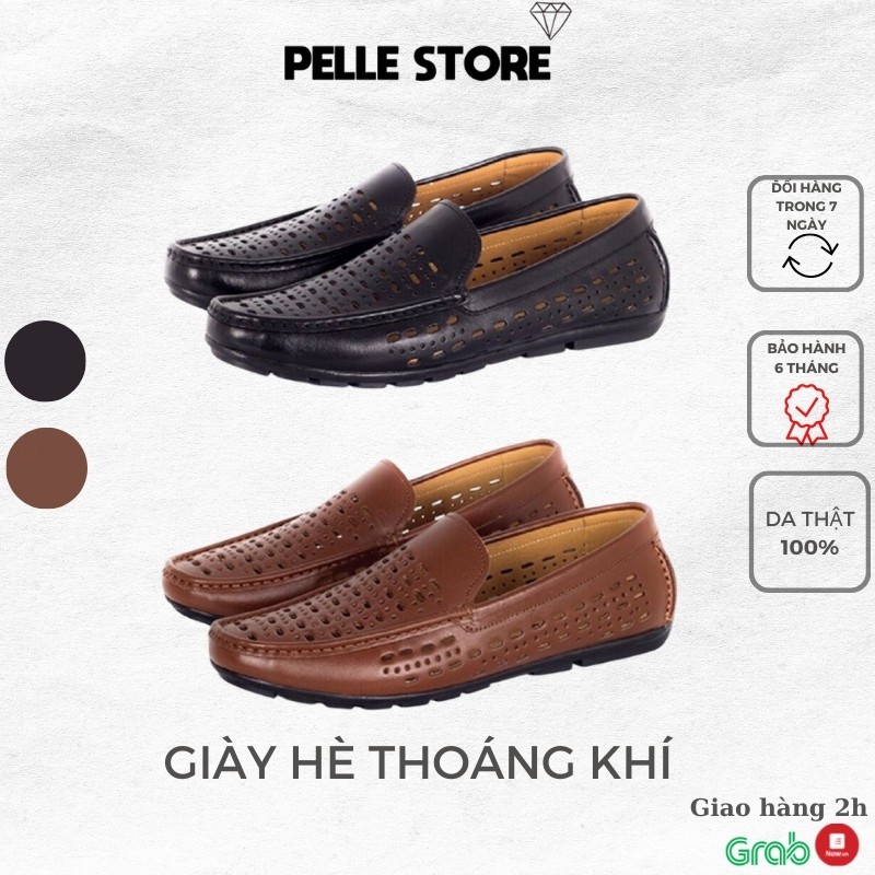 Giày lười hè thoáng khí, da thật bảo hành 12 tháng, hai màu đen và nâu - Pelle Store