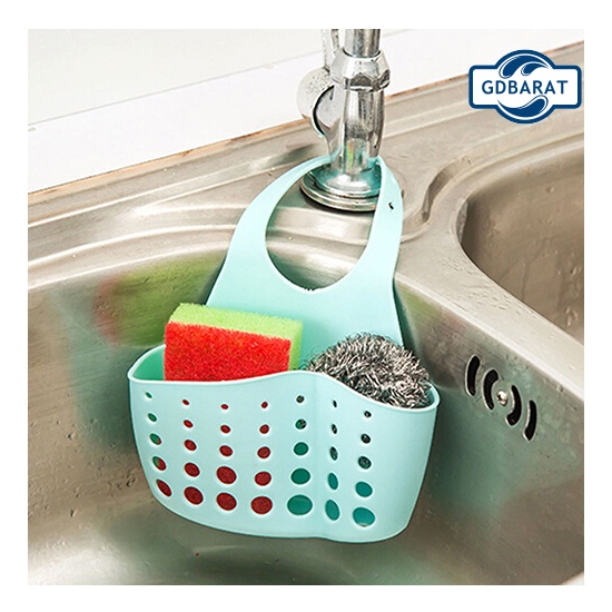 Giỏ đựng miếng xốp rửa chén có hai ngăn đục lỗ thoát nước giúp sắp xếp gọn gàng cho bồn rửa chén