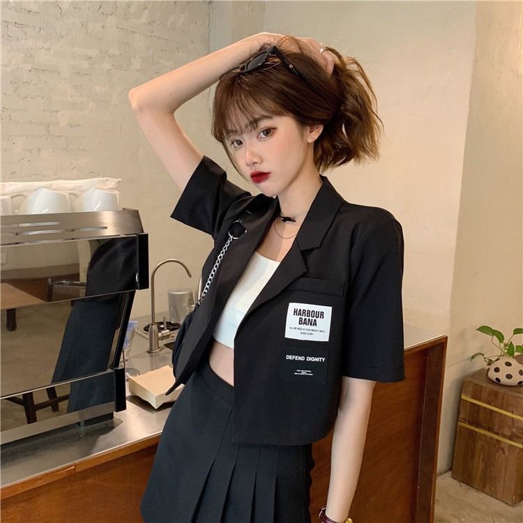 Áo Khoác blazer Tay Ngắn Dáng Rộng Màu Đen Phong Cách Hàn Quốc Thời Trang Mùa Hè Cho Nữ | BigBuy360 - bigbuy360.vn