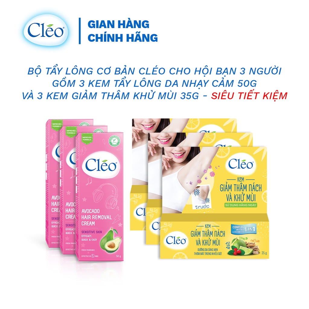 Bộ tẩy lông nách cơ bản Cleo cho hội bạn 3 người gồm 3 kem tẩy lông nách da nhạy cảm 25g và 3 kem giảm thâm khử mùi 35g