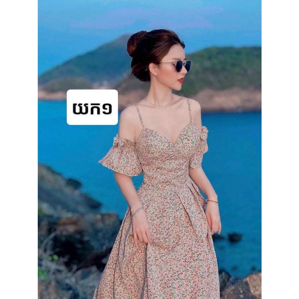 Đầm maxi dự tiệc, đầm hoa 2 dây trễ vai dáng dài, đầm hoa tiểu thư rớt vai ôm eo tay phồng đi biển sang chảnh, quyến rũ