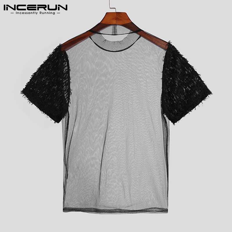Áo thun INCERUN lưới xuyên thấu ngắn tay phối tua rua gợi cảm cho nam