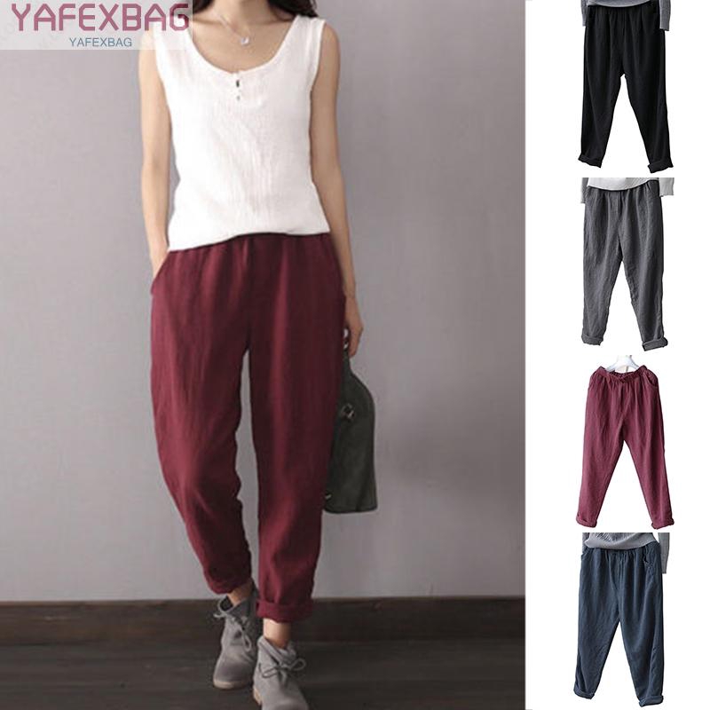 Quần cotton dài lưng co giãn màu trơn thời trang nữ | BigBuy360 - bigbuy360.vn