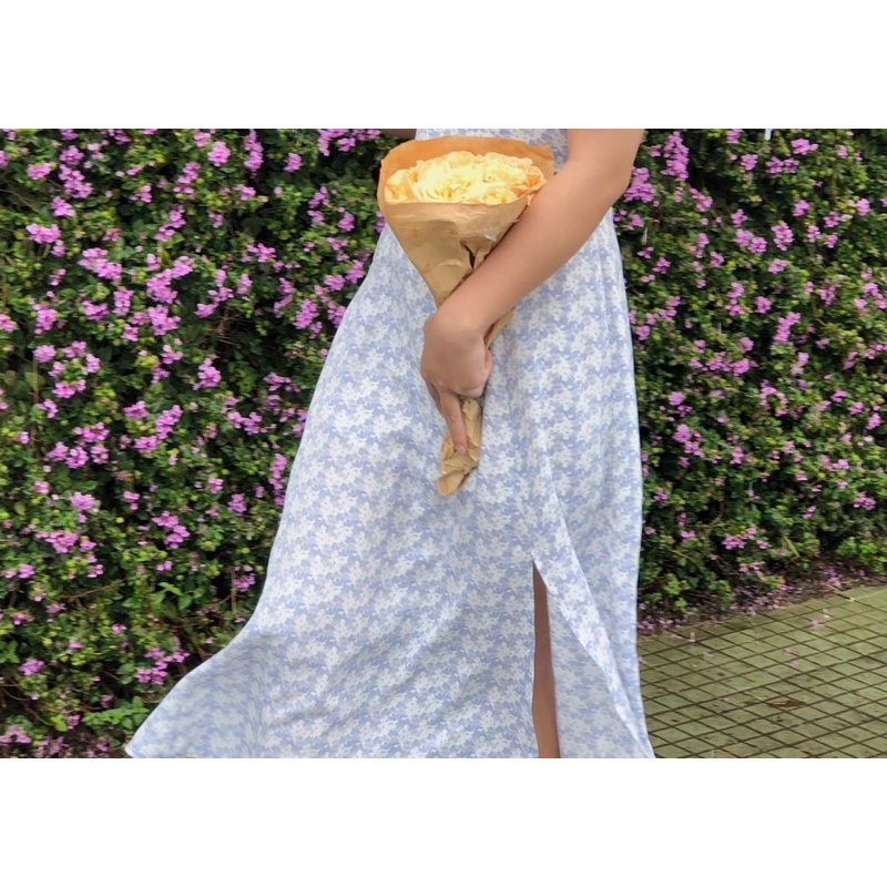 Váy hoa nhí tay phồng xẻ tà dáng dài phong cách Hàn Quốc size S M CHIEDESIGN