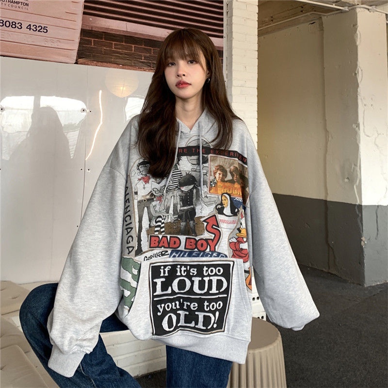 Women's retro street style cartoon printed oversized hoodie