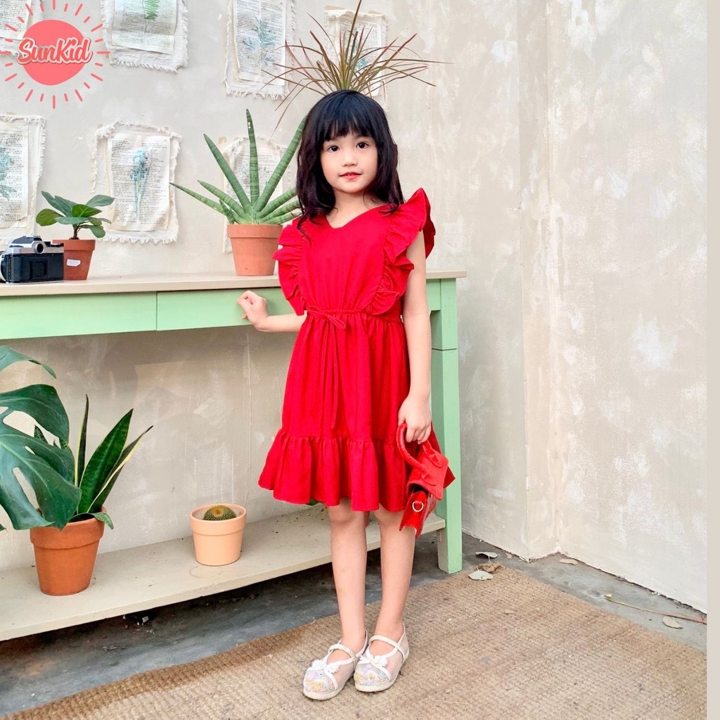 Váy bé gái dáng tay lơi kèm chun eo vải trượt nhật cao cấp mùa hè Sunkid SN11 màu đỏ size trẻ em 4-12 tuổi