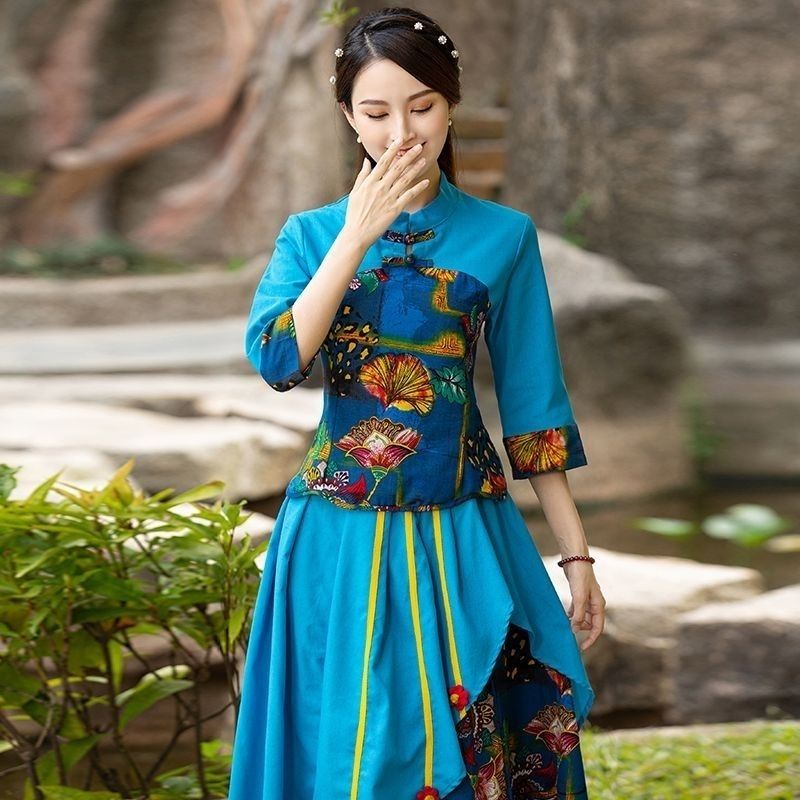 Bộ Đồ Sườn Xám Cách Tân Vải Cotton Lanh Cài Khóa Kiểu Trung Hoa Retro