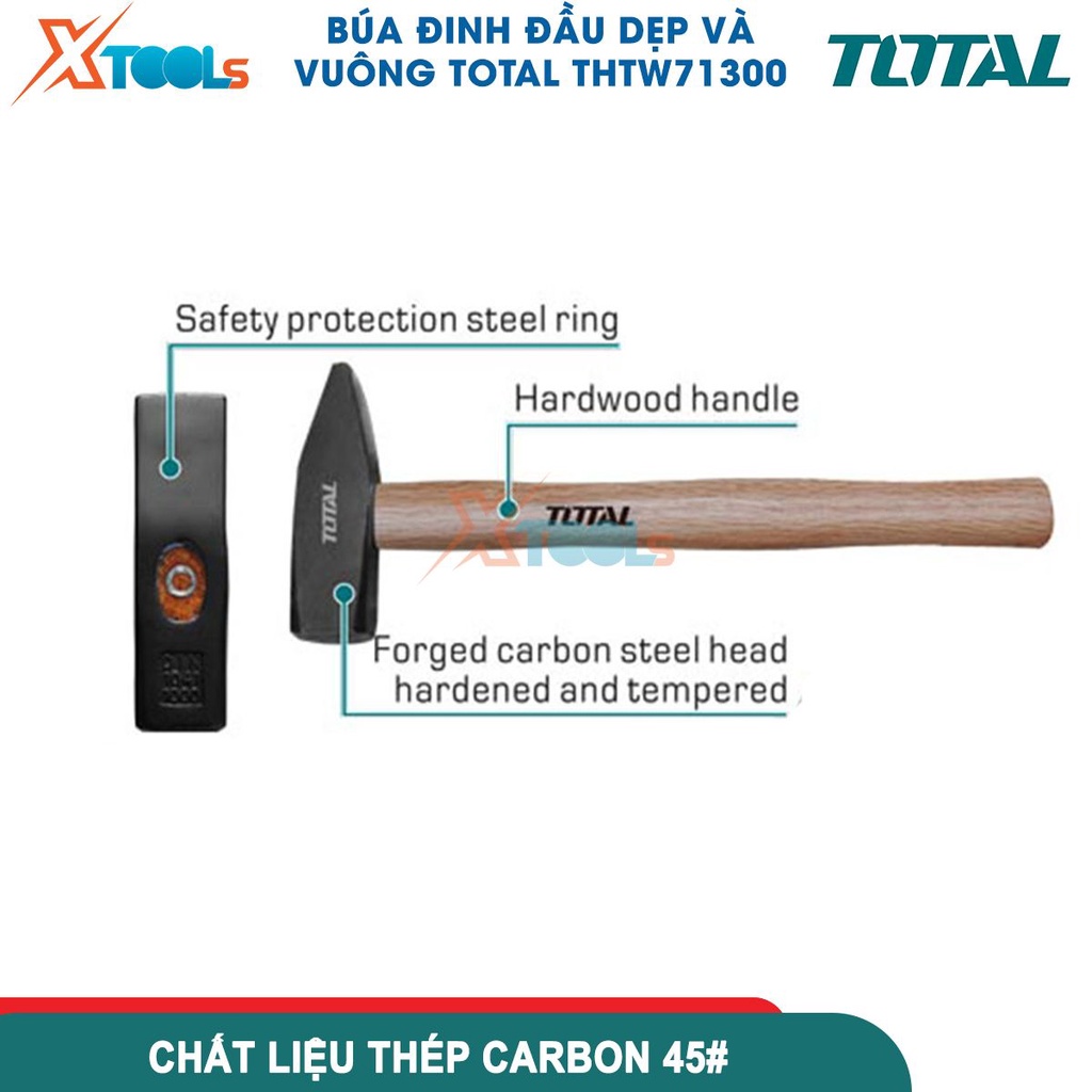 Búa đinh đầu dẹp và vuông TOTAL THTW71300, đầu bùa nặng 300g, cán cầm bằng gỗ, đầu búa rèn thả xử lý- CHÍNH HÃNG- XTOOLS