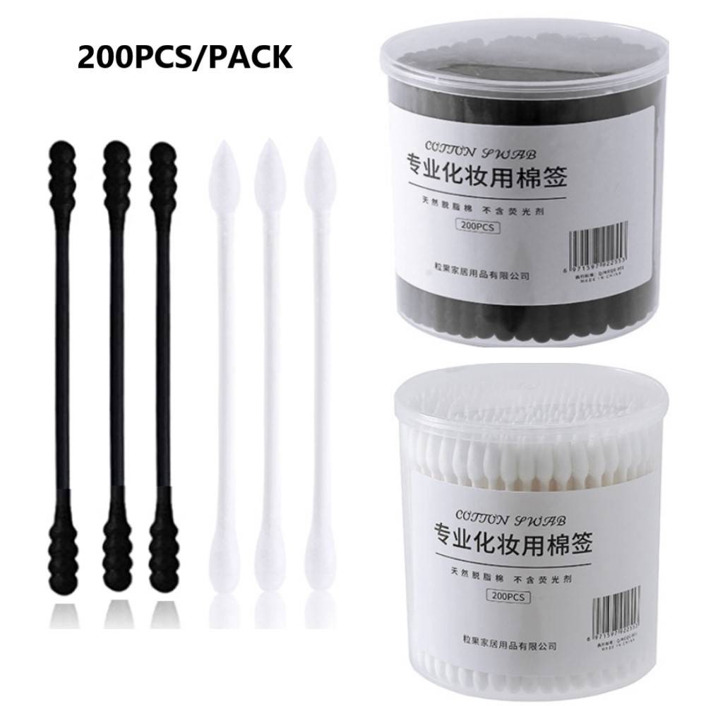 Set 200 Tăm Bông Hữu Cơ Đầu Xoắn/Tròn/Giọt Nước Tẩy Trang/Trang Điểm Dùng Một Lần Màu Trắng/Đen