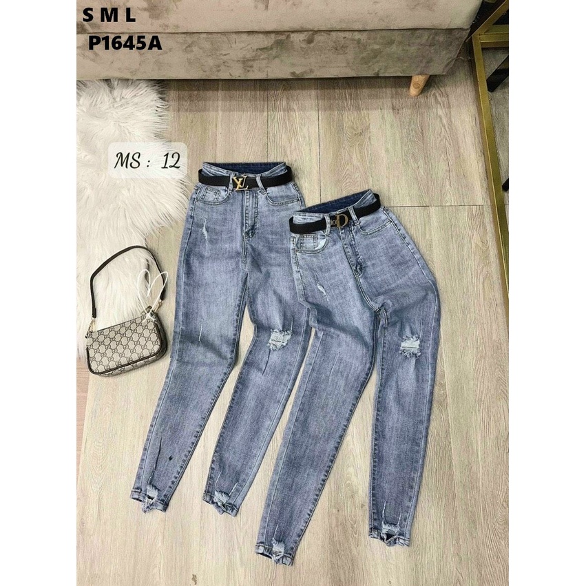 Quần Jeans Nữ Cạp Cao Rách  Rách Gối Cá Tính