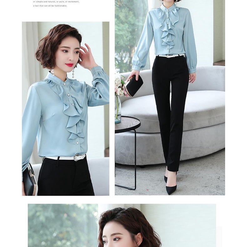 Áo sơ mi tay dài cổ đứng phối ren bèo thời trang cho phụ nữ trung niên