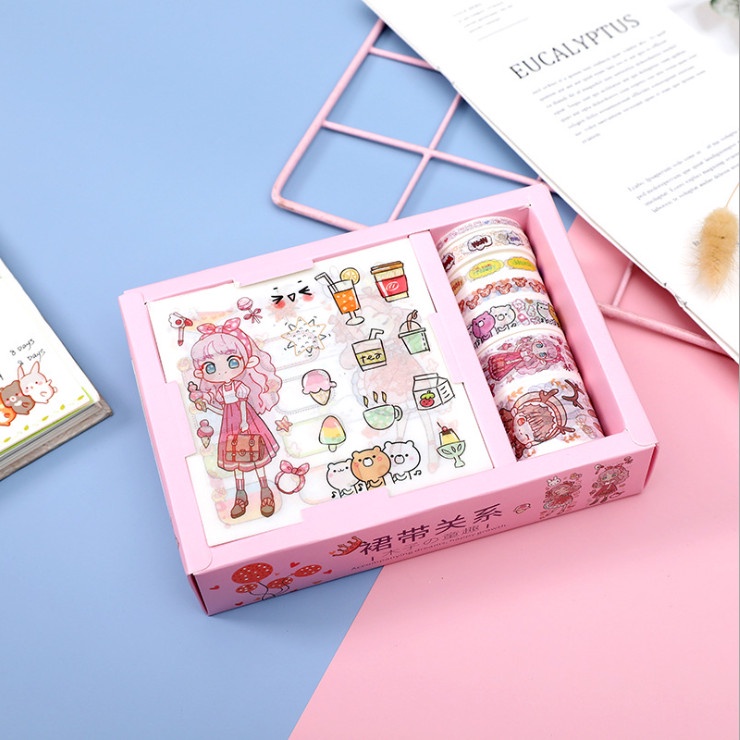 Set 7 cuộn băng dính và 9 miếng dán sticker trang trí đồ dùng cá nhân hoạt hình Chibi siêu xinh BAG U SETSBD588