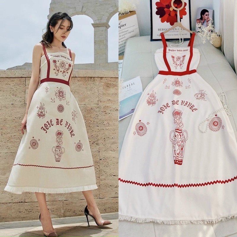 Hàng TK cao cấp Đầm váy dài xoè hoạ tiết độc lạ phối dây đỏ, đồ hot girl dự tiệc sinh nhật sự kiện sang trọng quý phái