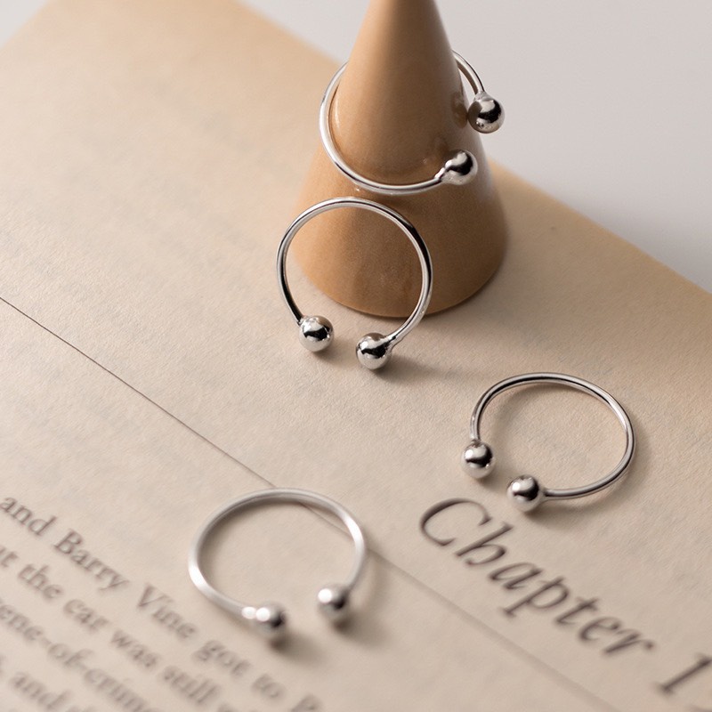 Nhẫn bạc nữ 925 free size 2 bi tròn bassic cá tính Dế Bạc - N2335