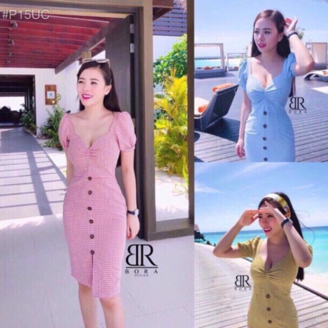 ĐẦM CARO CỔ VUÔNG NÚT GỖ