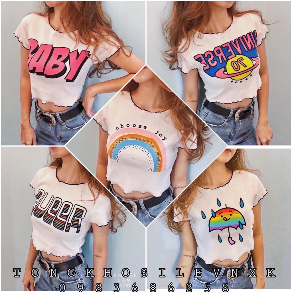 ÁO CROPTOP MÉP XOẮN ĐEN BABY - ÁO CROPTOP TRẮNG VIỀN BÈO CHOOSE JOY - UNIVERSE - MÂY SAO HOT