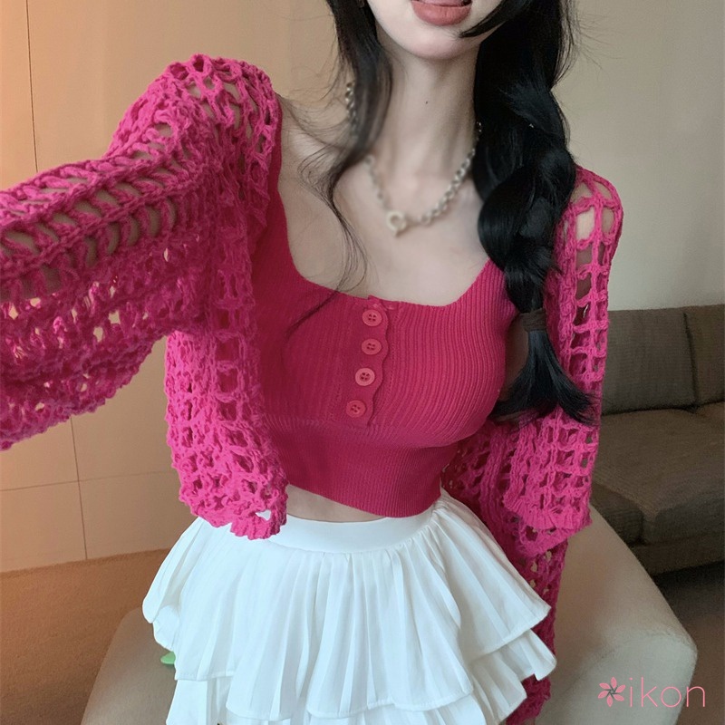 Bộ Áo Khoác Cardigan Dài Tay Chống Nắng + Áo Lưới Sát Nách Thời Trang Cho Nữ