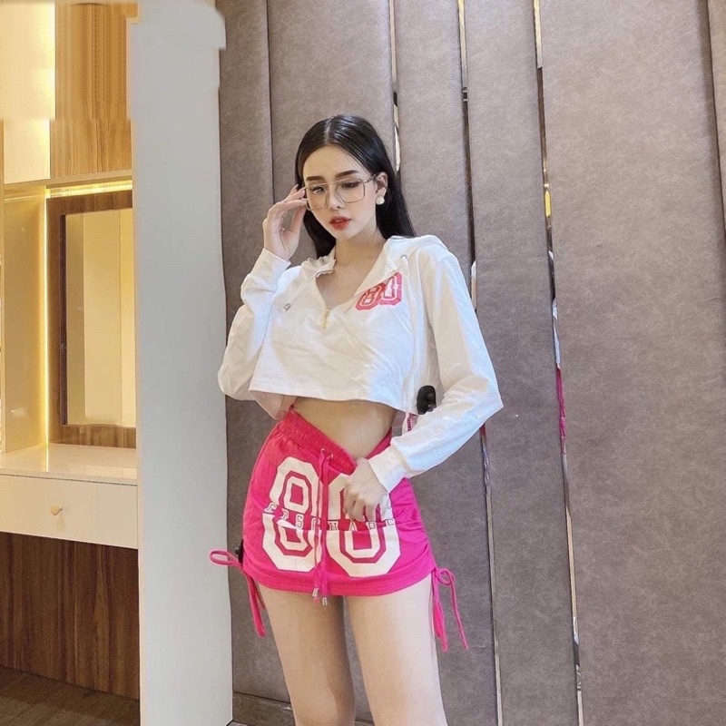set áo crop nón+ chân váy dây rút