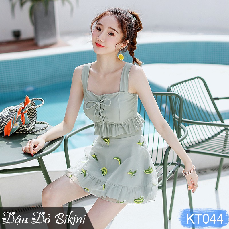 Bikini 3 chi tiết cao cấp, đồ bơi nữ dáng váy &amp; quần sooc đùi rời, mẫu mới phom dáng đẹp, chất thun bơi mịn mát | KT044