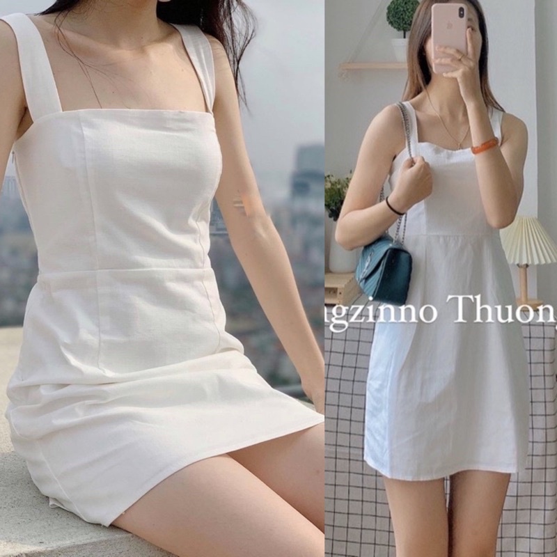 [Ảnh thật/Video]Váy hai dây bản to mididress Đầm hai dây chun lưng