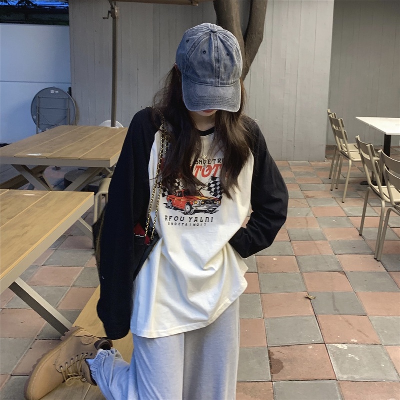 Áo Thun Raglan Cổ Tròn Dài Tay Dáng Rộng In Màu Sắc Tương Phản Phong Cách Retro Mùa Thu 55774