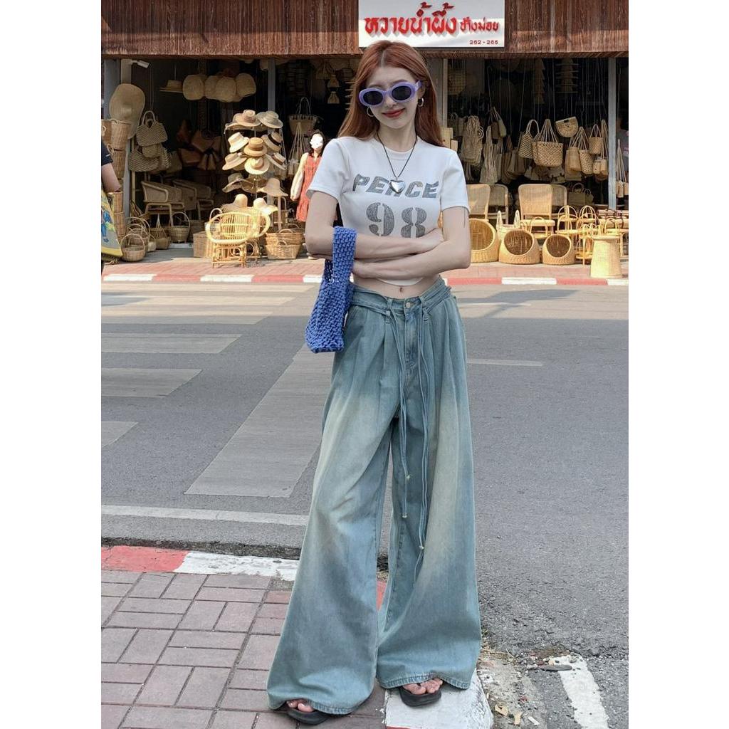 62667 Quần Denim Ống Rộng Dây Rút Màu Sắc Tươi Sáng Mùa Hè Miễn Phí 2 Dây