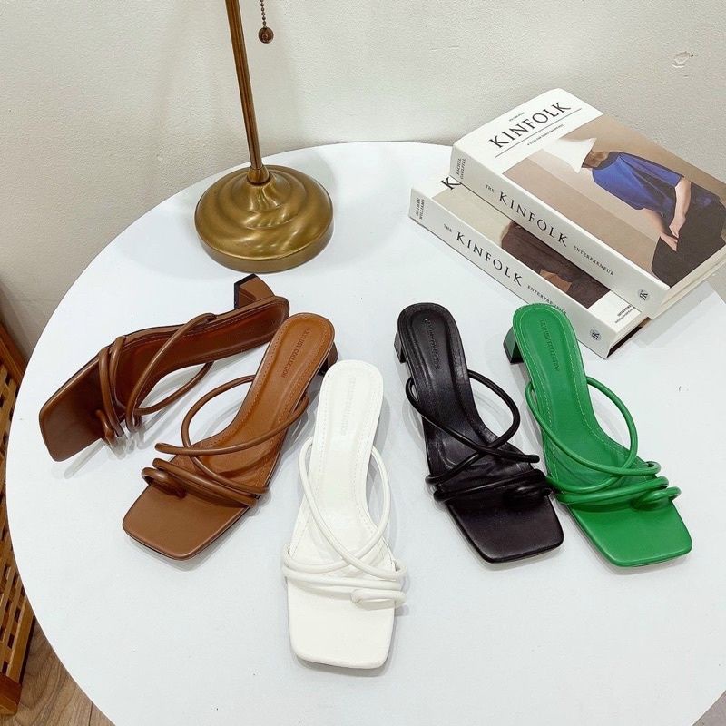 Dép Xỏ Ngón Dây Ống Quai Da Mềm Gót 3 Phân. Guốc Cao Gót Đế Vuông 3 Phân Quai Dây Xỏ Ngón