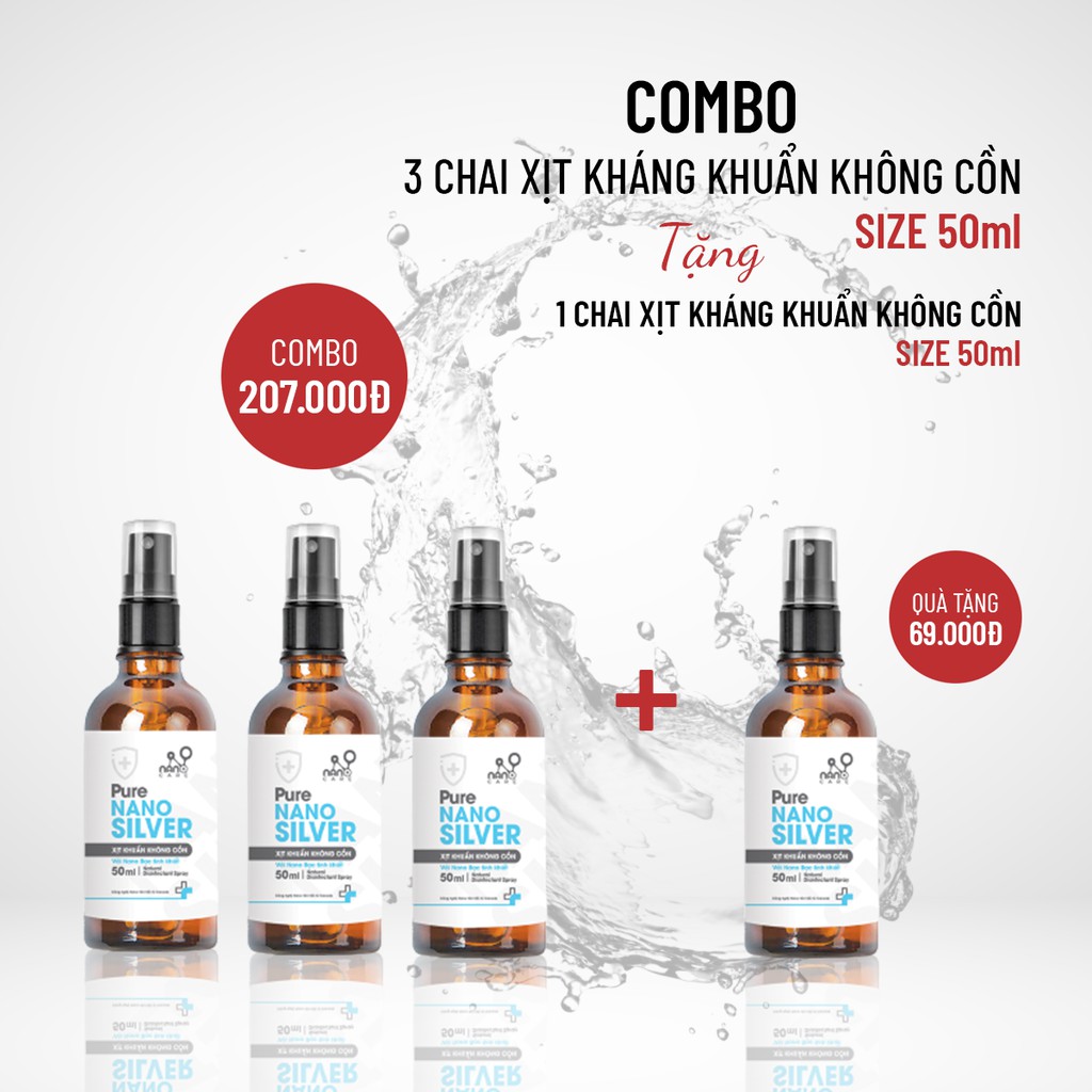 COMBO 3 chai Nano-Care Xịt Khuẩn Không CỒN Nano Bạc Cao Cấp 50ml TẶNG 1 chai 50ml