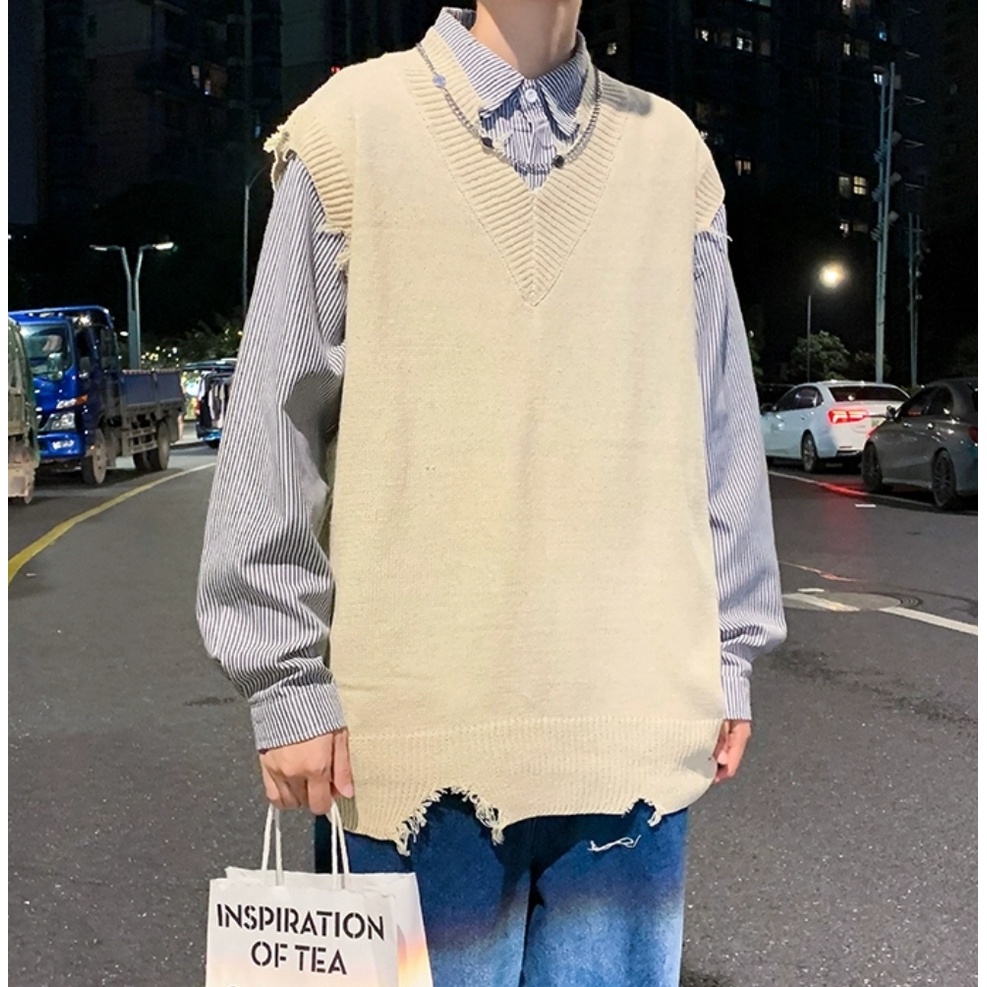 Áo len gile đánh rách MEANSTORE nam nữ cotton giữ nhiệt phong cách Hàn Quốc ulzzang màu nude, đen