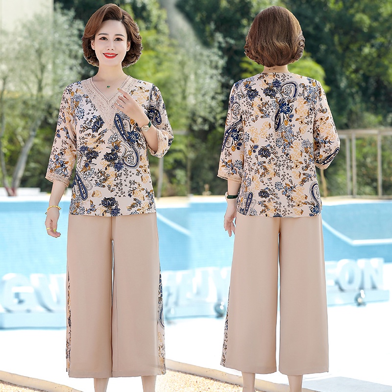 Đồ bộ trung niên nữ cho mẹ, Hàng Quảng Châu cao cấp, Bộ voan xanh dương Cổ chữ V V'vie Ladies #B22