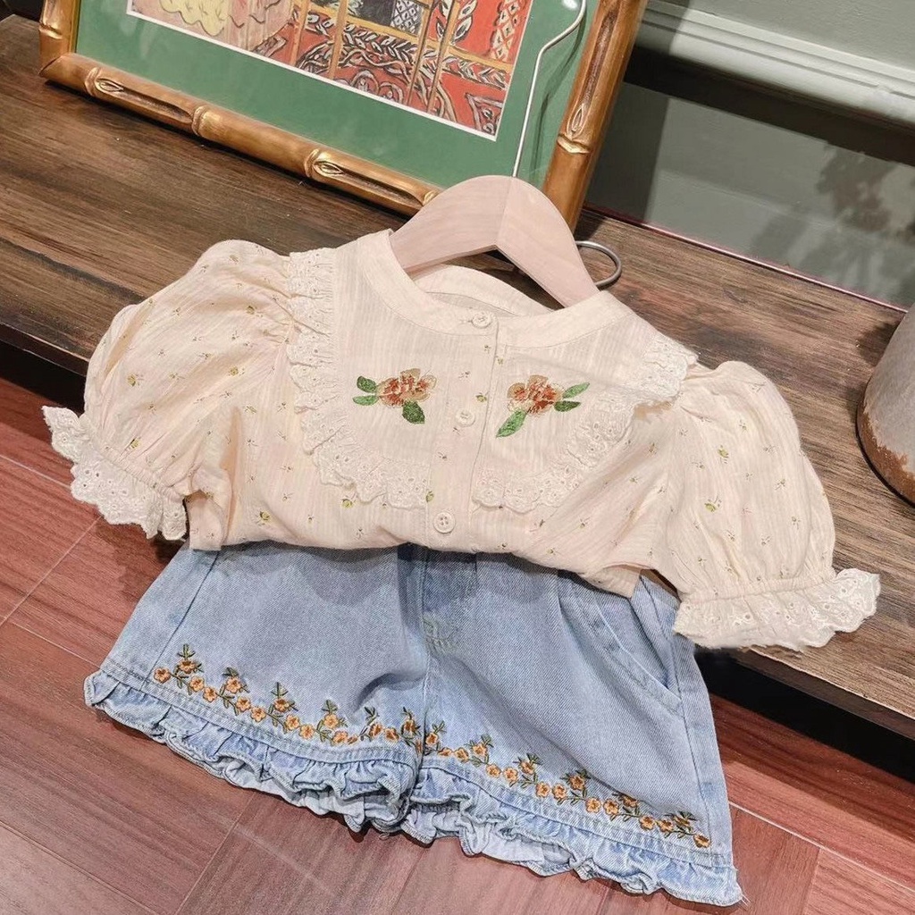 Bộ Áo Sơ Mi In Hoa + Chân Váy Denim Thời Trang Mùa Hè Nhật Hàn 2022 Dành Cho Bé Gái