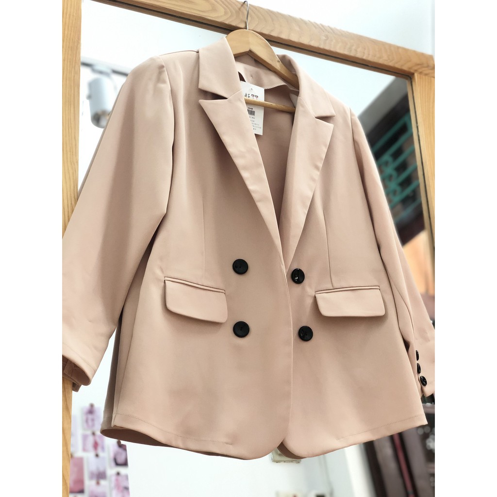 [ẢNH TỰ CHỤP-VIDEO TỰ QUAY] Áo Blaze trơn-kẻ-màu be-hồng nude-kẻ nâu tây-Hàn Quốc