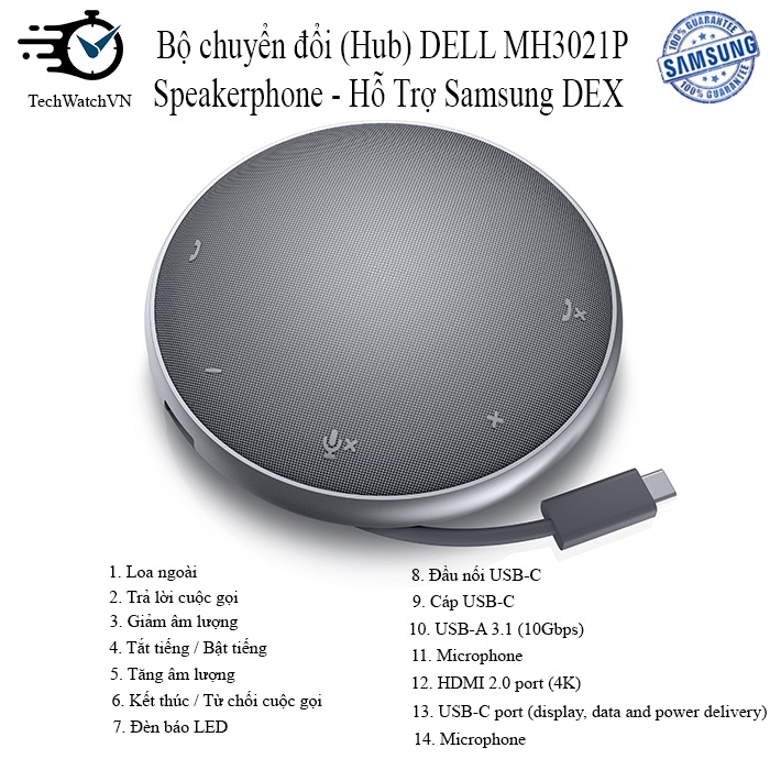 Bộ chuyển đổi (Hub) DELL MH302P Loa ngoài Hỗ Trợ Samsung DEX - USB C to HDMI/Speakerphone/VGA/DP/Ethernet/USBC/USB-A