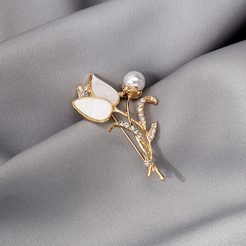 Ghim Cài Áo Hình Hoa Tulip Vỏ Sò Tự Nhiên Bằng Đồng Mạ Bạc Thời Trang Hàn Quốc Mới