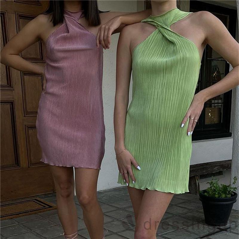 Đầm Ngắn Hở Vai Không Tay Cổ Xoắn Màu Sắc Trơn Cho Nữ