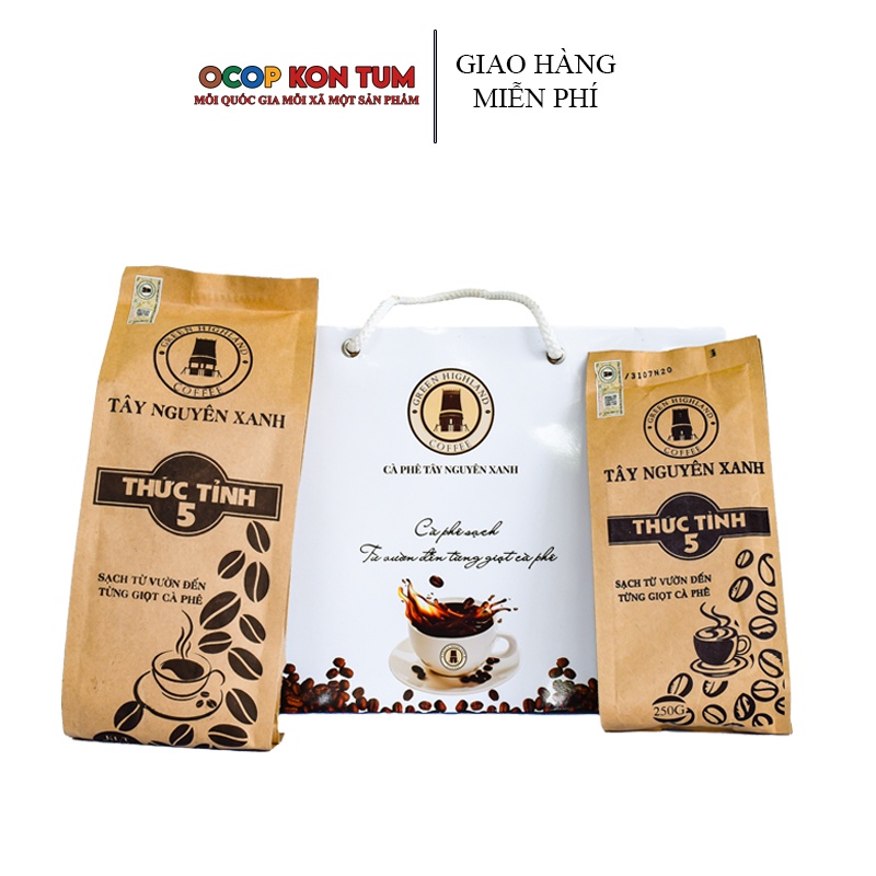 Cà phê rang xay nguyên chất pha phin sạch thức tỉnh 5 500gr tây nguyên xanh ocop kon tum