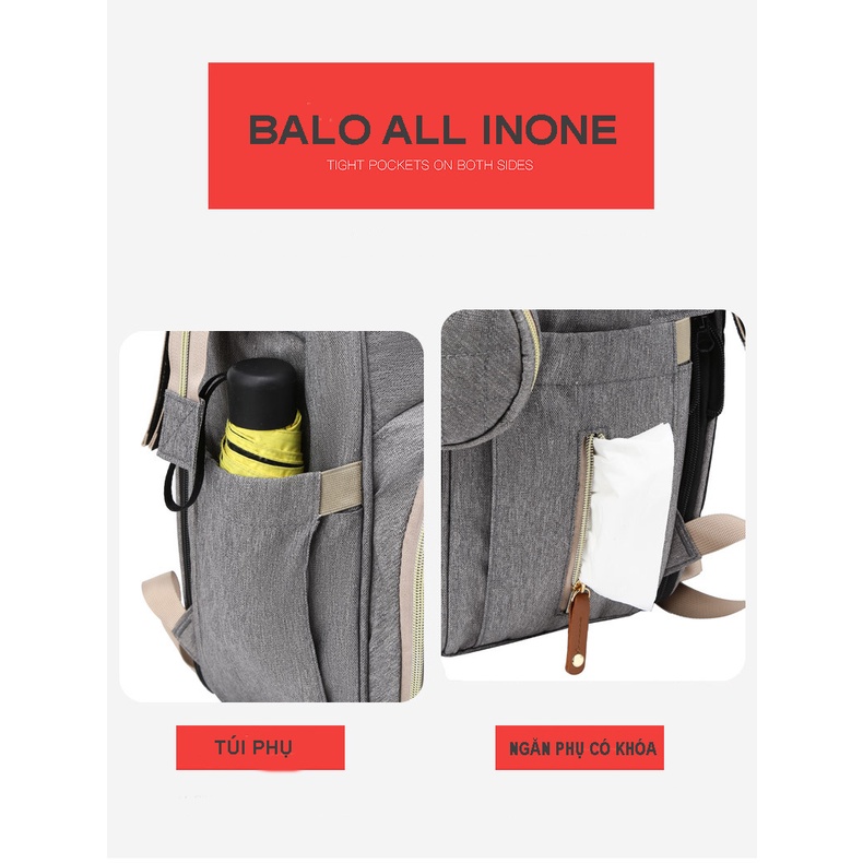 Balo bỉm sữa đa năng cho mẹ và bé cao cấp có thể làm giường nằm cho trẻ,nhiều ngăn đựng chống thấm nước tiện dụng