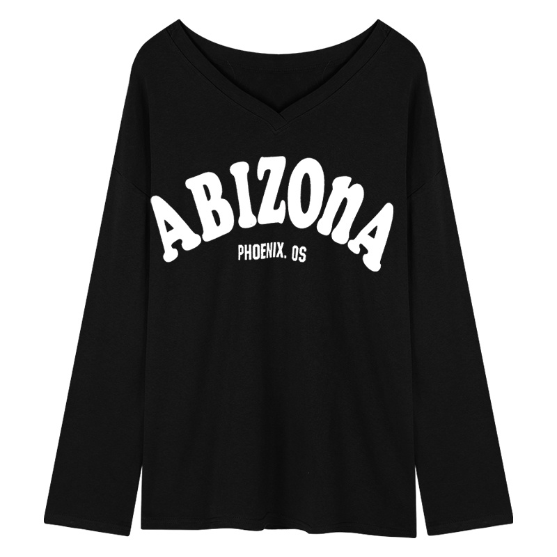 SUXI Áo Thun Tay Dài Cổ Chữ V Form Rộng In Chữ Thời Trang Mùa Thu Mới
