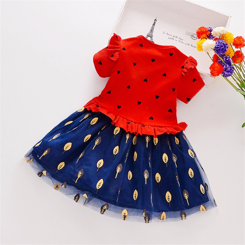 Đầm xòe ngắn tay in họa tiết trái tim dễ thương dành cho bé gái từ 1 đến 8 tuổi