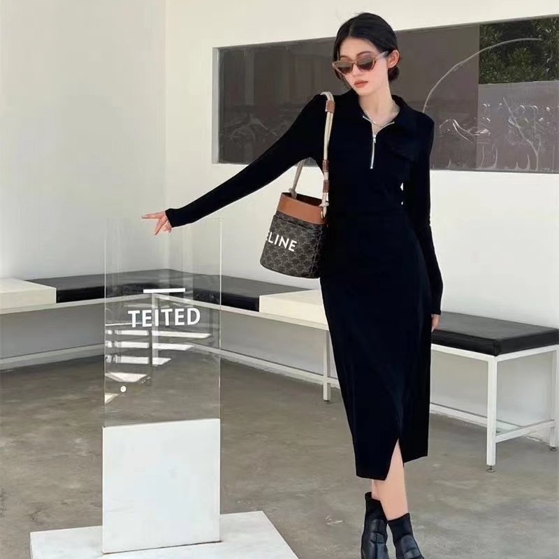 IELGY  Đầm Đen Cổ polo Tay Dài Xẻ Tà Thời Trang Cho Nữ