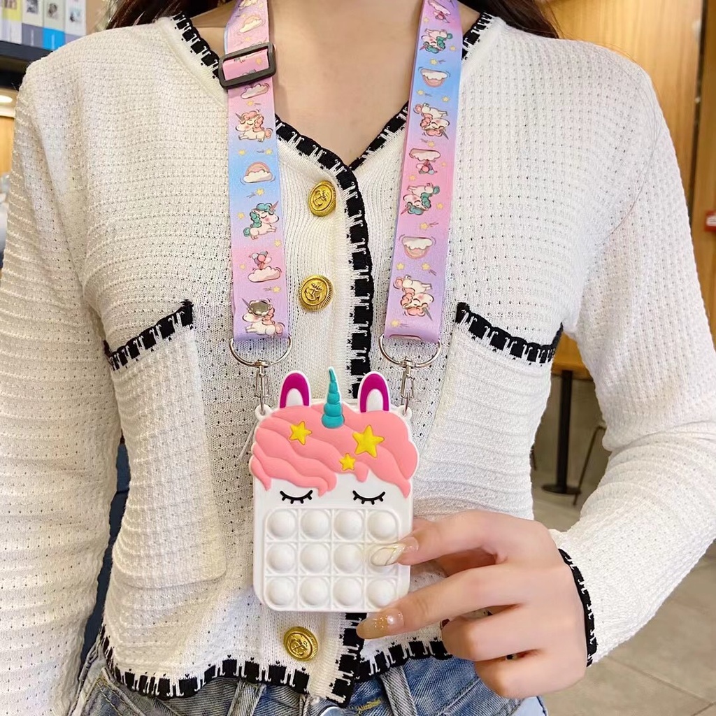 Ví đựng tiền xu mini bằng silicon mềm hình kỳ lân có dây đeo và khóa kéo dễ thương cho bé