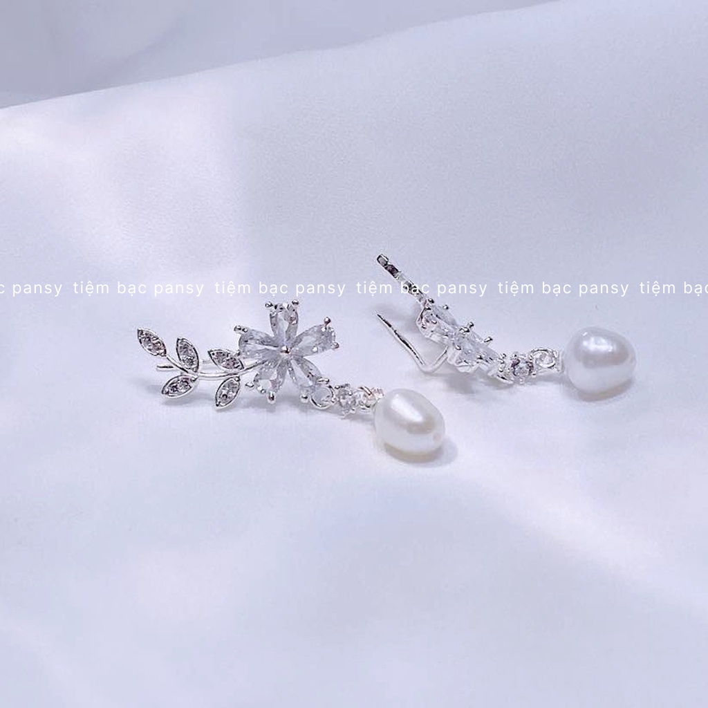 Bông tai bạc nữ PANSY hình hoa lá thả ngọc duyên dáng - Khuyên tai nữ Bạc ta cao cấp