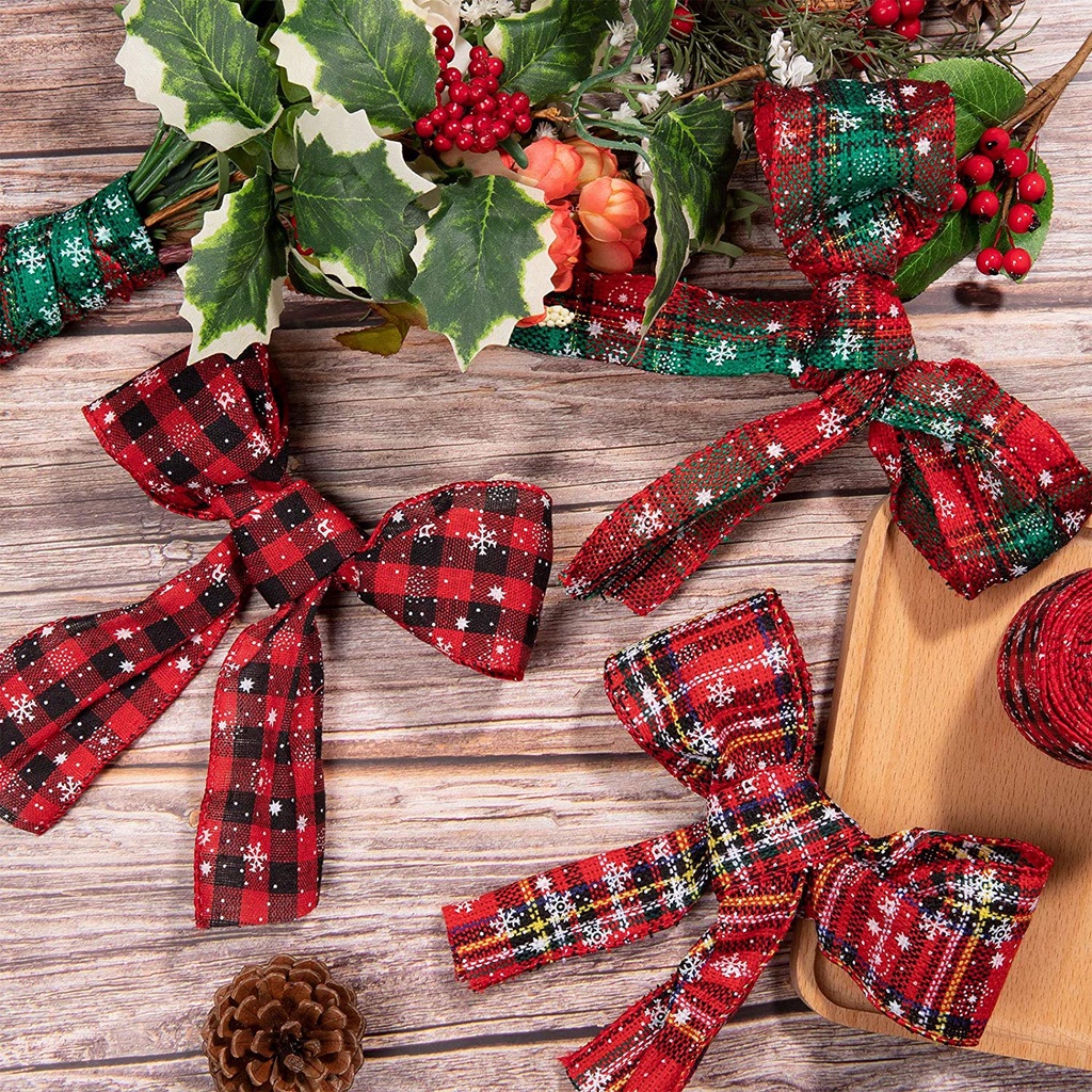 Cuộn dây ruy băng dài 6m họa tiết kẻ sọc ô vuông in hình hoa tuyết trang trí giáng sinh