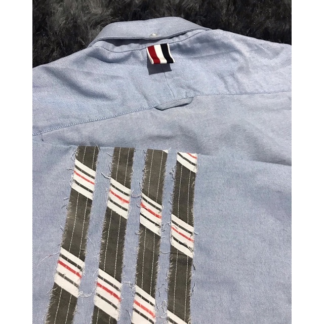 Áo Sơ mi Thombrowne  xanh viền 4 sọc xám, đỏ, vải oxford nhập khẩu
